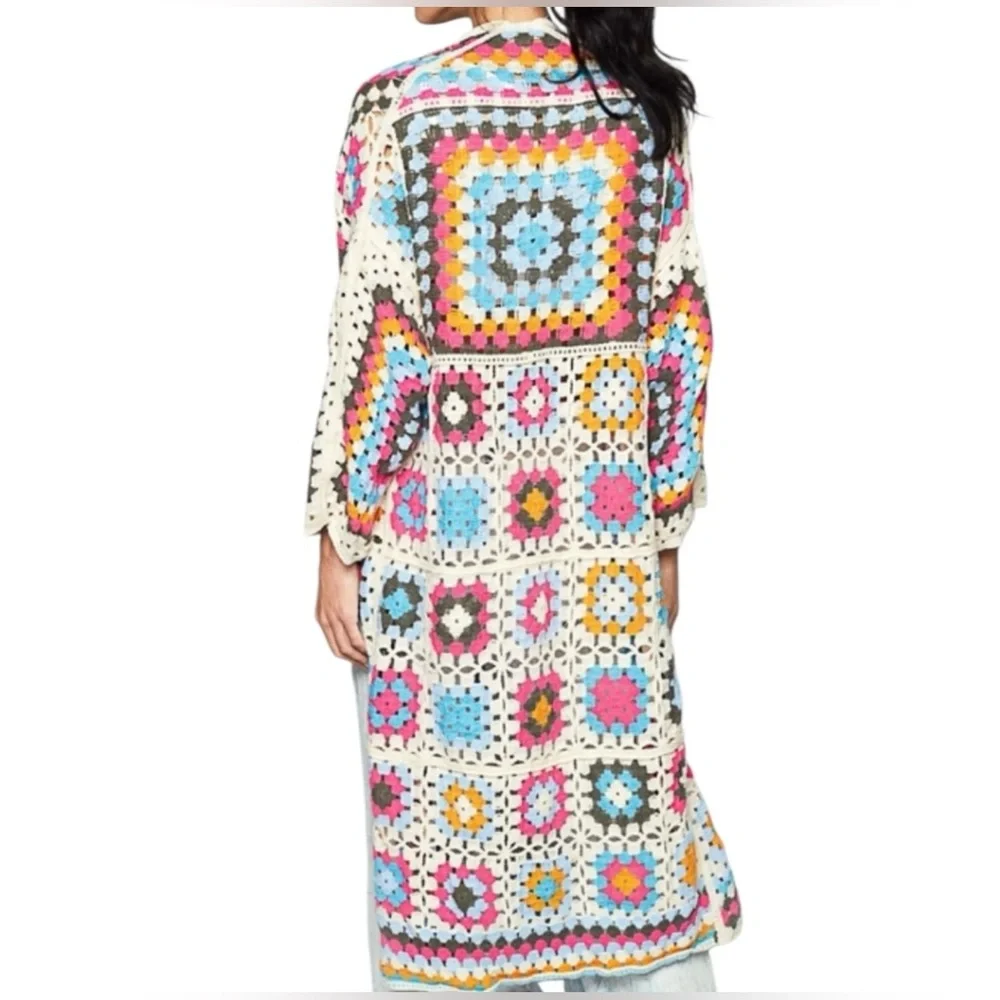 POL - One Size Fits Most Colorful Crochet Long Cardigan Sweater - Picture 2 of 3